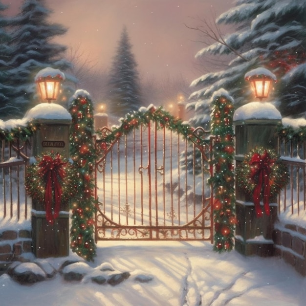 Eine Weihnachtsgrußkarte mit einem Tor mit Weihnachtsbeleuchtung und einem Schild mit der Aufschrift „Weihnachten“ darauf.