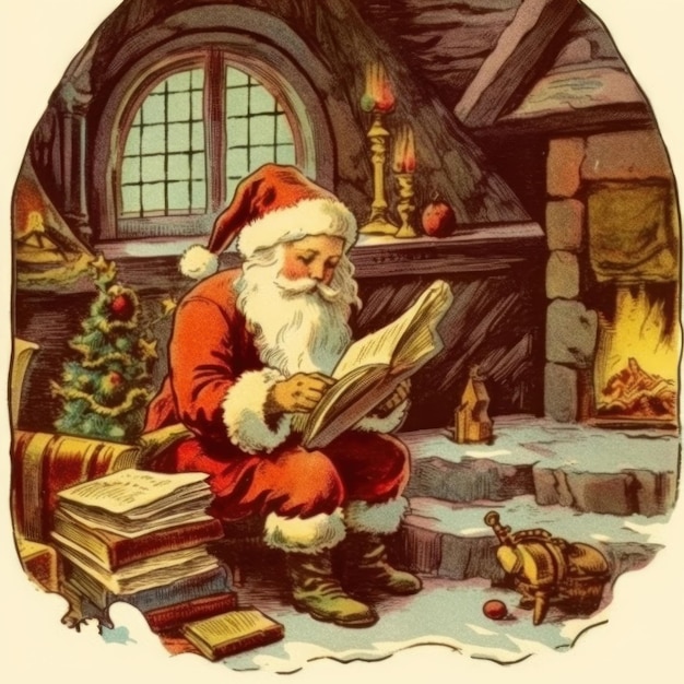 eine Weihnachtskarte mit einem Weihnachten, der ein Buch liest.