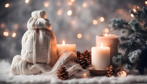 eine Weihnachtskarte mit einer Kerze und einer Kerze im Hintergrund