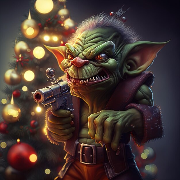 eine Weihnachtskarte mit einer Spielzeugpistole und einem Weihnachtenbaum dahinter