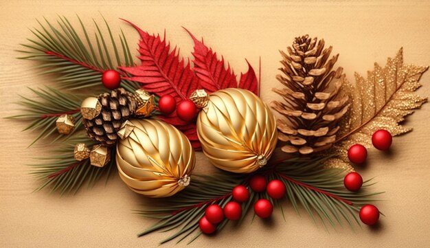 Eine Weihnachtskarte mit Goldverzierungen und roten Beeren