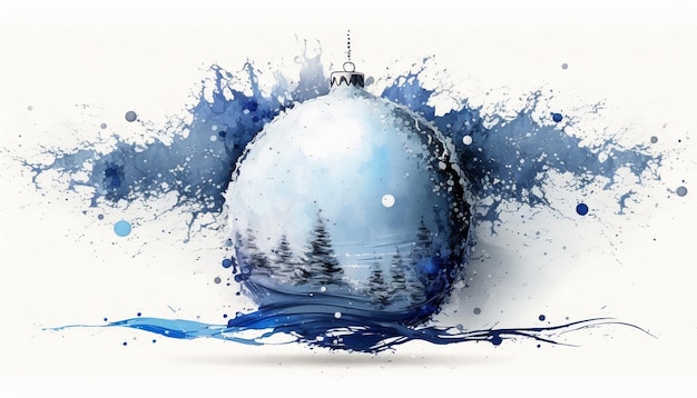 Eine Weihnachtskugel mit blauem Hintergrund und blauem Hintergrund mit Bäumen und Schneeflocken.