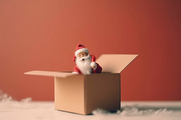 Eine Weihnachtsmann-Puppe in einem Karton bei der Weihnachtslieferung nach Hause nimmt zu