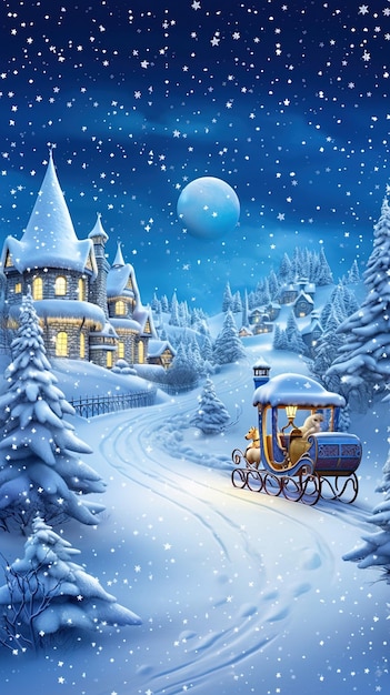 eine Weihnachtsszene mit einem Zug und einer schneebedeckten Szene