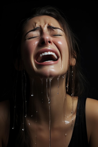 Eine weinende Frau, aus deren Gesicht Wasser tropft