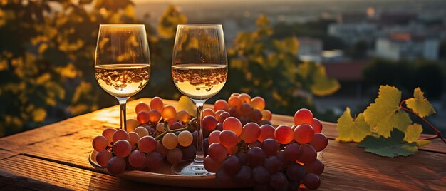 Eine Weinprobe im Weinberg. In der Abenddämmerung zwei Gläser Wein mit einer Flasche und Weintrauben