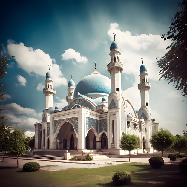 Eine weiß-blaue Moschee mit einer blauen Kuppel und dem Wort Frieden darauf.