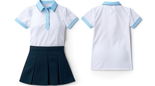 Eine weiß-blaue Schuluniform mit einem blauen Band um den Hals.