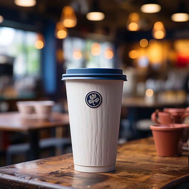 eine weiß-blaue Tasse mit einem Logo darauf