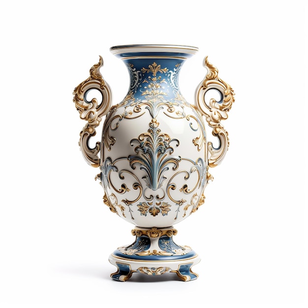 eine weiß-blaue Vase mit einem goldenen Muster auf dem Boden.