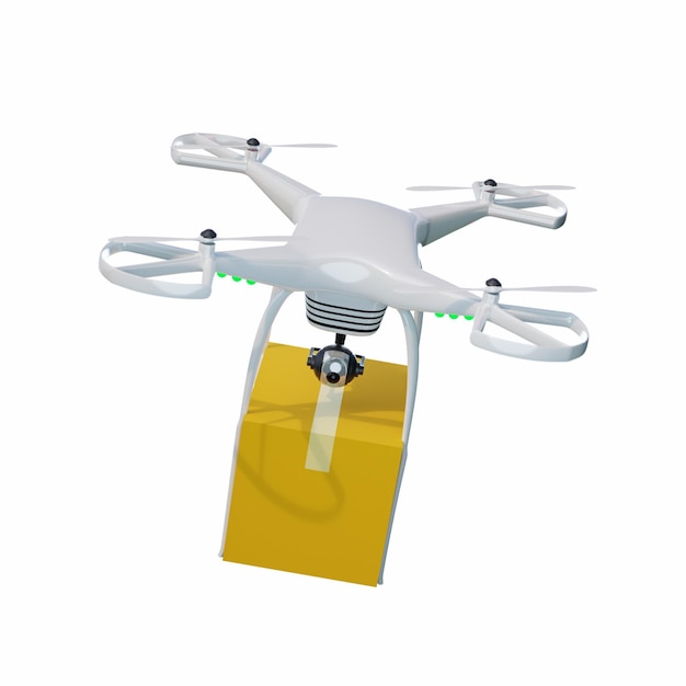 Eine weiße 4-Propeller-Drohne fliegt, um Pakete zu liefern Paketzustellungstechnologie mit Drohnen isoliert auf weißem Hintergrund mit Beschneidungspfad