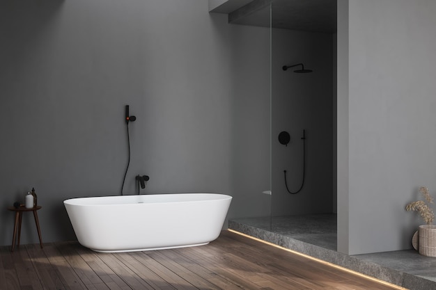 Eine weiße Badewanne, die auf einem Parkettboden steht, mit schwarzem Wandhintergrund 3D-Rendering