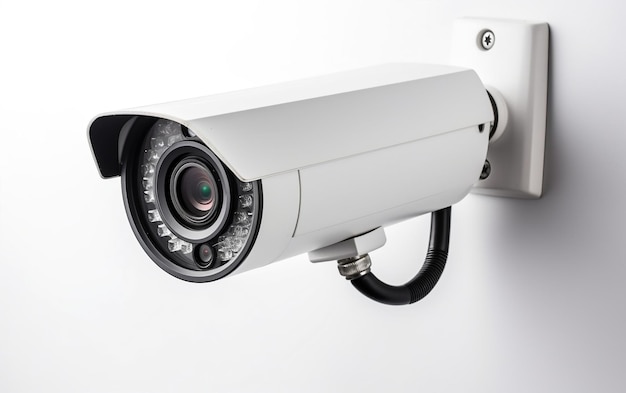 Eine weiße Überwachungskamera mit dem Wort „Sicherheit“ darauf.
