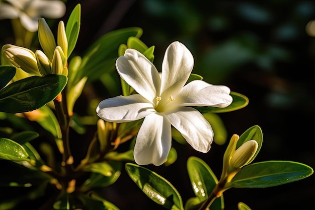 Eine weiße Blume mit einem grünen Blatt im Hintergrund
