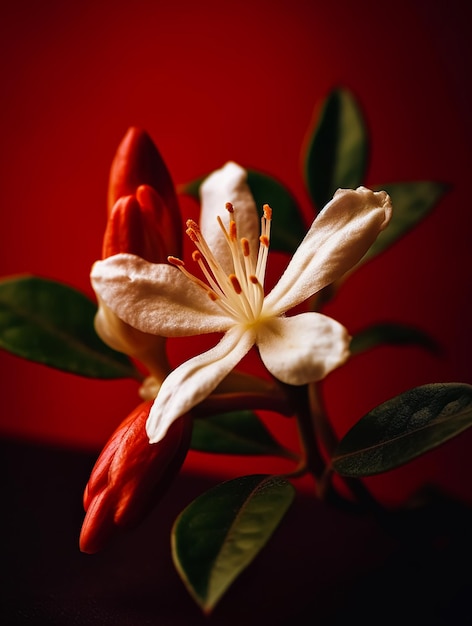 Eine weiße Blume mit gelben Staubgefäßen und grünen Blättern