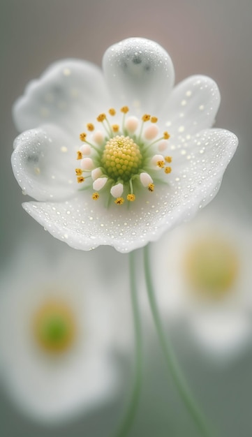 Eine weiße Blume mit gelben Tautropfen