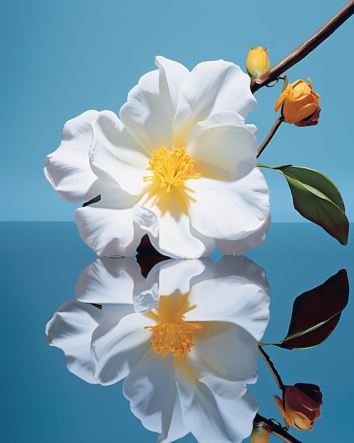 Eine weiße Blume mit gelber Mitte spiegelt sich in einer reflektierenden Oberfläche
