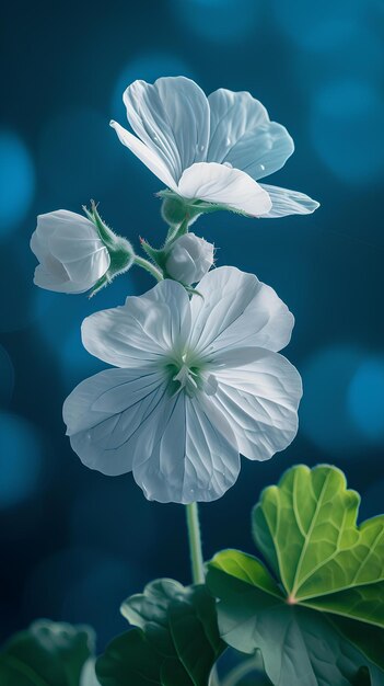 Eine weiße Blume mit grünen Blättern auf einem blauen Hintergrund