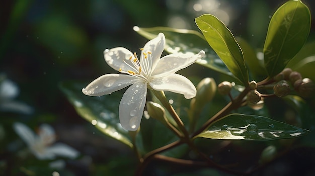 Eine weiße Blume mit Wassertropfen darauf