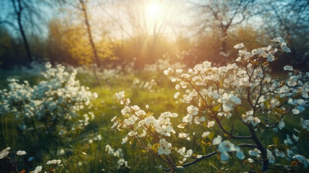 Eine weiße Blumenwiese, durch die die Sonne scheint