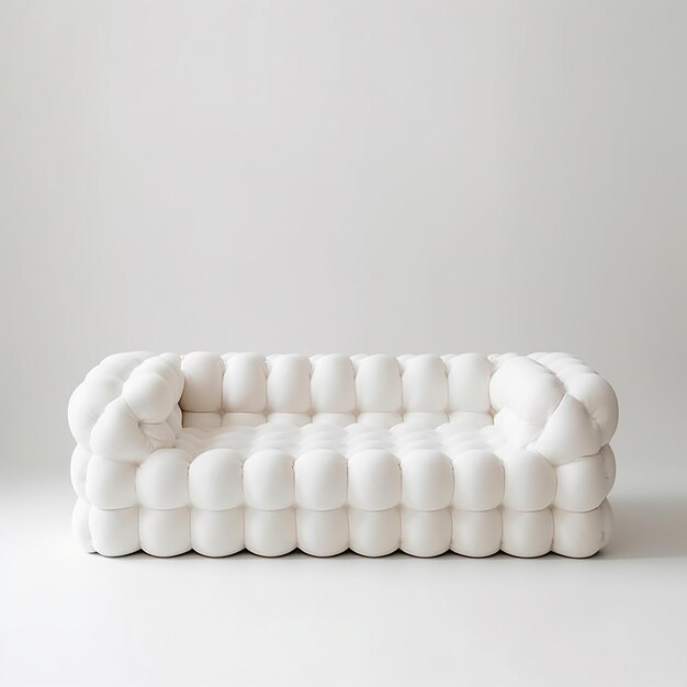 eine weiße Couch mit einem weißen Kissen, auf dem "Sofa" steht.