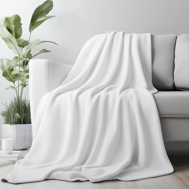 Foto eine weiße couch mit einer weißen decke und einer pflanze in der ecke