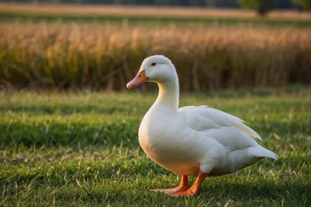 eine weiße Ente steht auf einem Feld