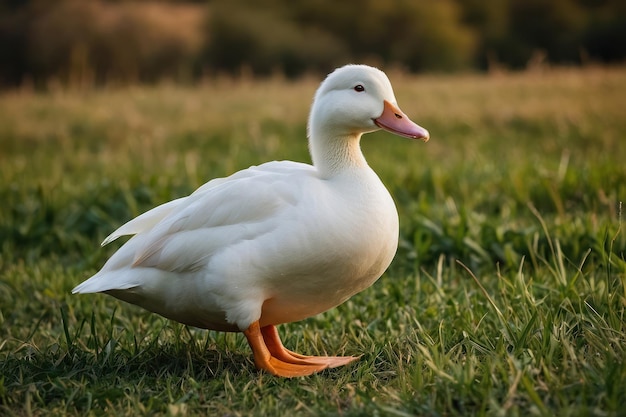 eine weiße Ente steht auf einem Feld