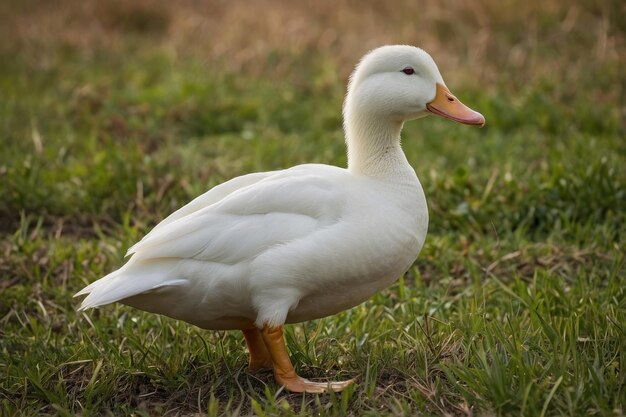 eine weiße Ente steht auf einem Feld