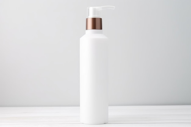 Eine weiße Flasche Lotion auf einem weißen Tisch Schönheits- oder Wellnessprodukt-Mockup-Copyspace