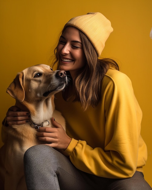 Eine weiße Frau mit ihrem Hund, der ihren Hund auf einem braunen Hintergrund streichelt