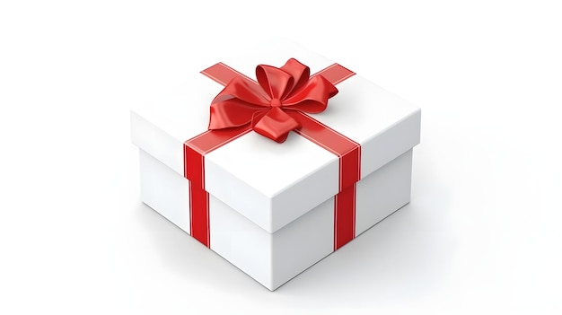Eine weiße Geschenkbox aus Bastelpapier und rotem Satinband mit Schleife auf weißem, sauberem, flachem Hintergrund, durch ein neuronales Netzwerk erzeugtes Bild