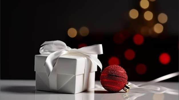 Eine weiße Geschenkbox mit einer roten Weihnachtskugel darauf und einer roten Weihnachtskugel auf dem Tisch.