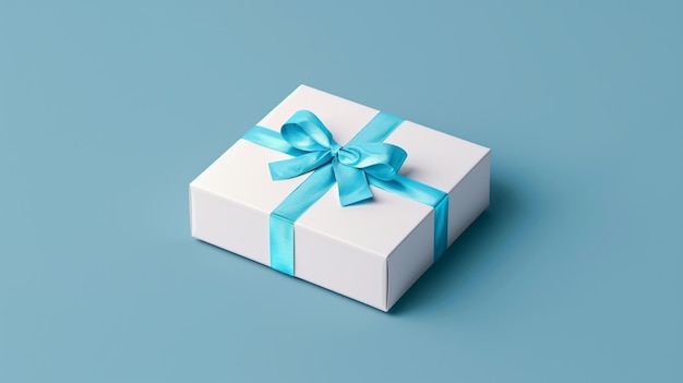 eine weiße Geschenkkiste mit einem blauen Band, das an der Spitze gebunden ist