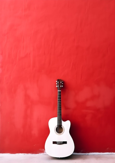 Eine weiße Gitarre vor einer roten Wand mit dem Wort „Play“ darauf.