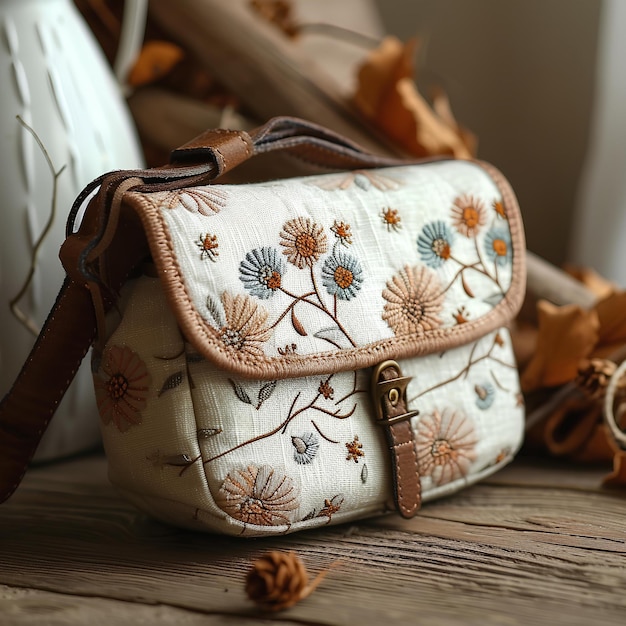 Eine weiße Handtasche mit einem blumigen Design sitzt auf einem Tisch neben einer weißen Vase und einem braunen Leder