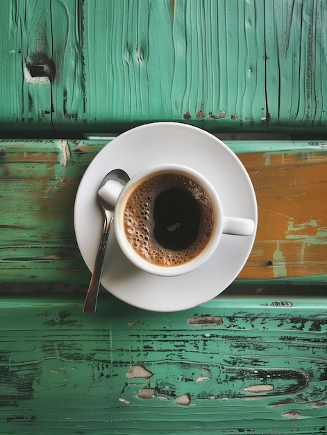 Foto eine weiße kaffeetasse mit einem löffel sitzt auf einem holztisch