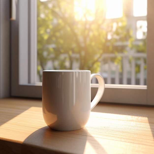 eine weiße Kaffeetasse sitzt auf einem Fensterbrett.