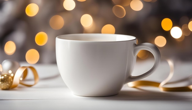 Foto eine weiße kaffeetasse sitzt auf einem tisch mit einem weihnachtsbaum im hintergrund