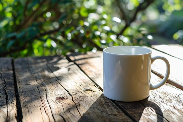 Foto eine weiße kaffeetasse steht auf einem holztisch