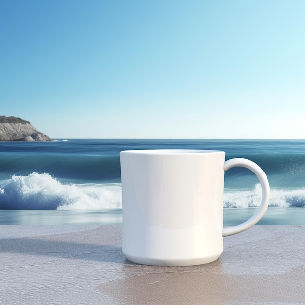 Eine weiße Kaffeetasse steht auf einem Tisch vor dem Meer.