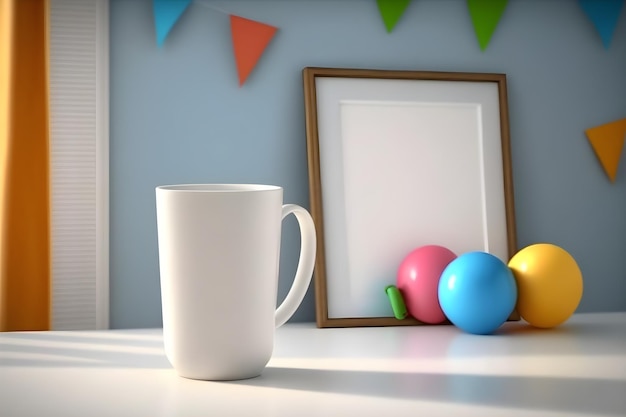 Eine weiße Kaffeetasse steht auf einem Tisch vor einem Bilderrahmen mit bunten Luftballons.