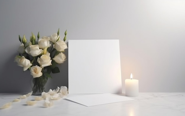 Eine weiße Karte und eine Kerze mit einer weißen Karte daneben