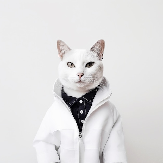 eine weiße Katze, die eine Jacke mit der Aufschrift „Katze“ trägt