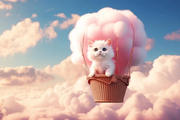 Eine weiße Katze fliegt auf einem rosa Baumwollsüßballon zwischen bunten Wolken