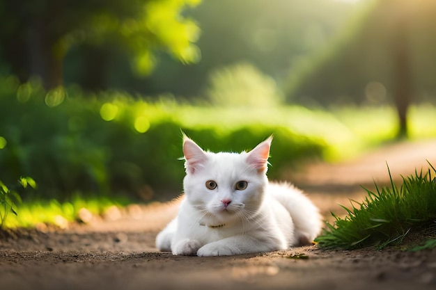 Eine weiße Katze liegt auf einem Weg in der Sonne