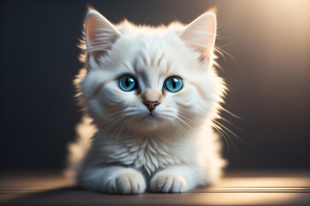 Eine weiße Katze mit blauen Augen liegt auf einem Tisch.