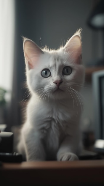 Eine weiße Katze mit blauen Augen sitzt auf einem Klavier.