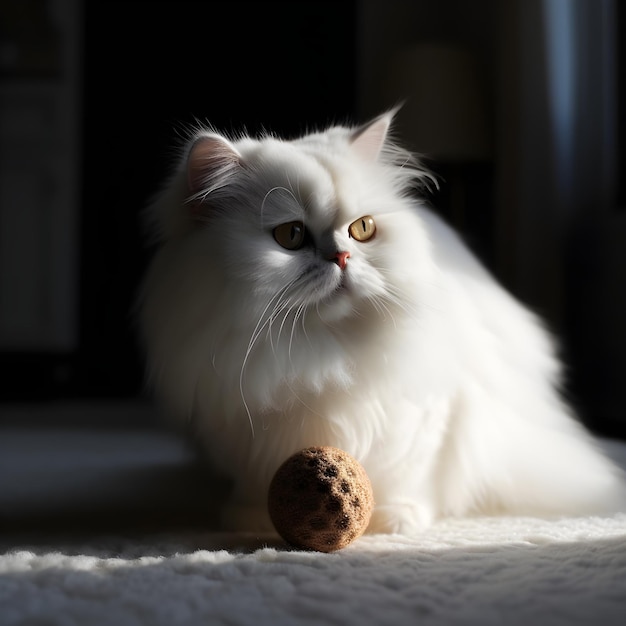 Eine weiße Katze mit einem Ball davor