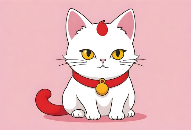 eine weiße Katze mit einem roten Kragen und einer Glocke an ihrem Kragen